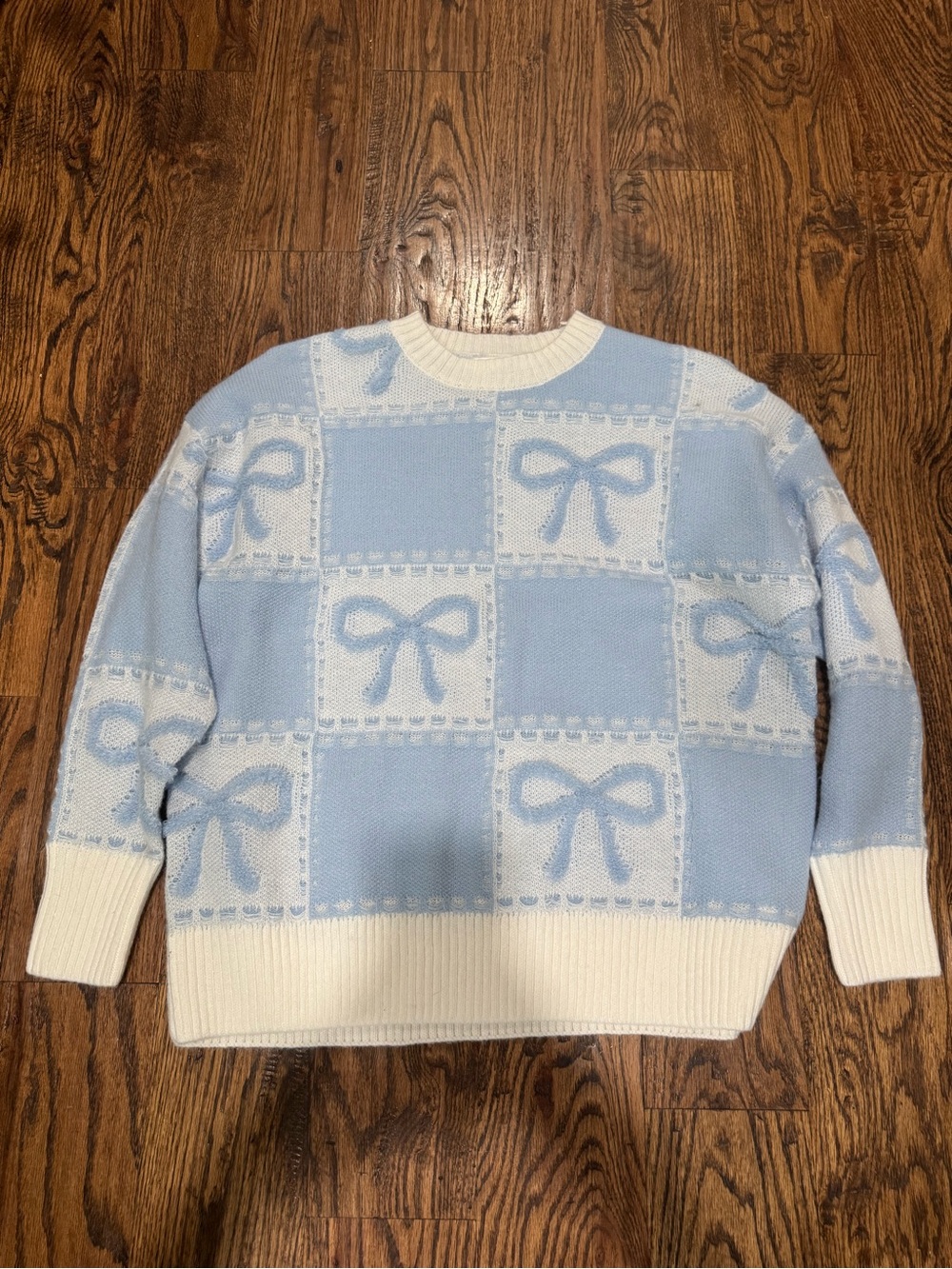 Altar'd State Light Blue & White Bow-Check Crewneck Sweater